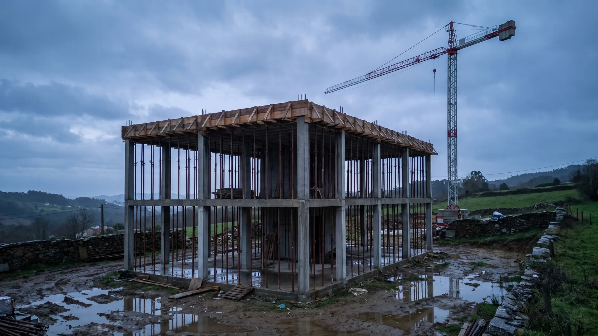 Estructura de hormigón de una vivienda en construcción en A Coruña al atardecer