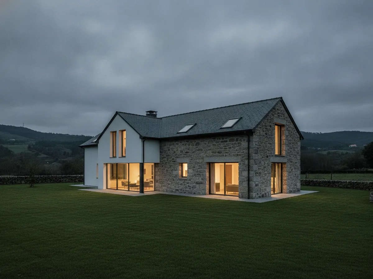 Vivienda unifamiliar terminada en Galicia, fachada al atardecer